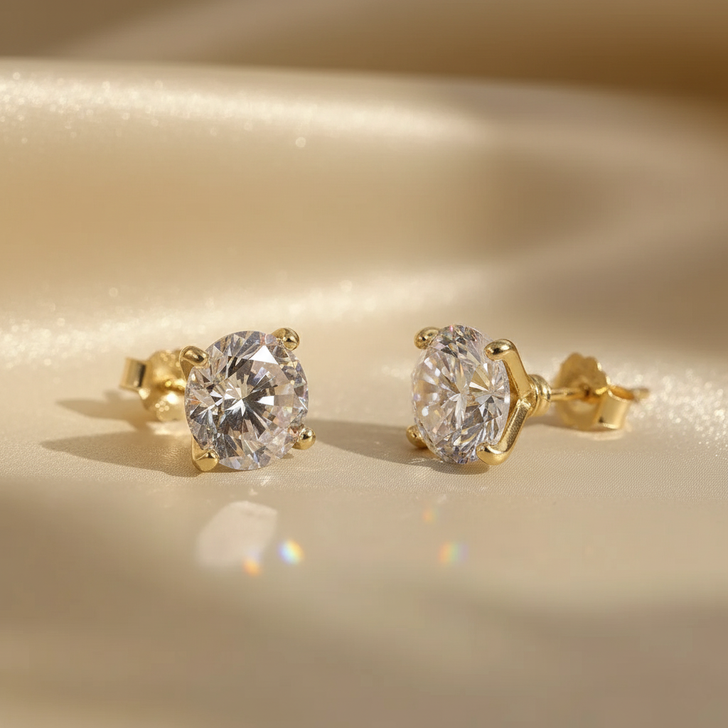 Luna Radiance – 925 Sterling Silver Moissanite Stud Earrings | Round-Claw Design in Gold & Platinum Finishes