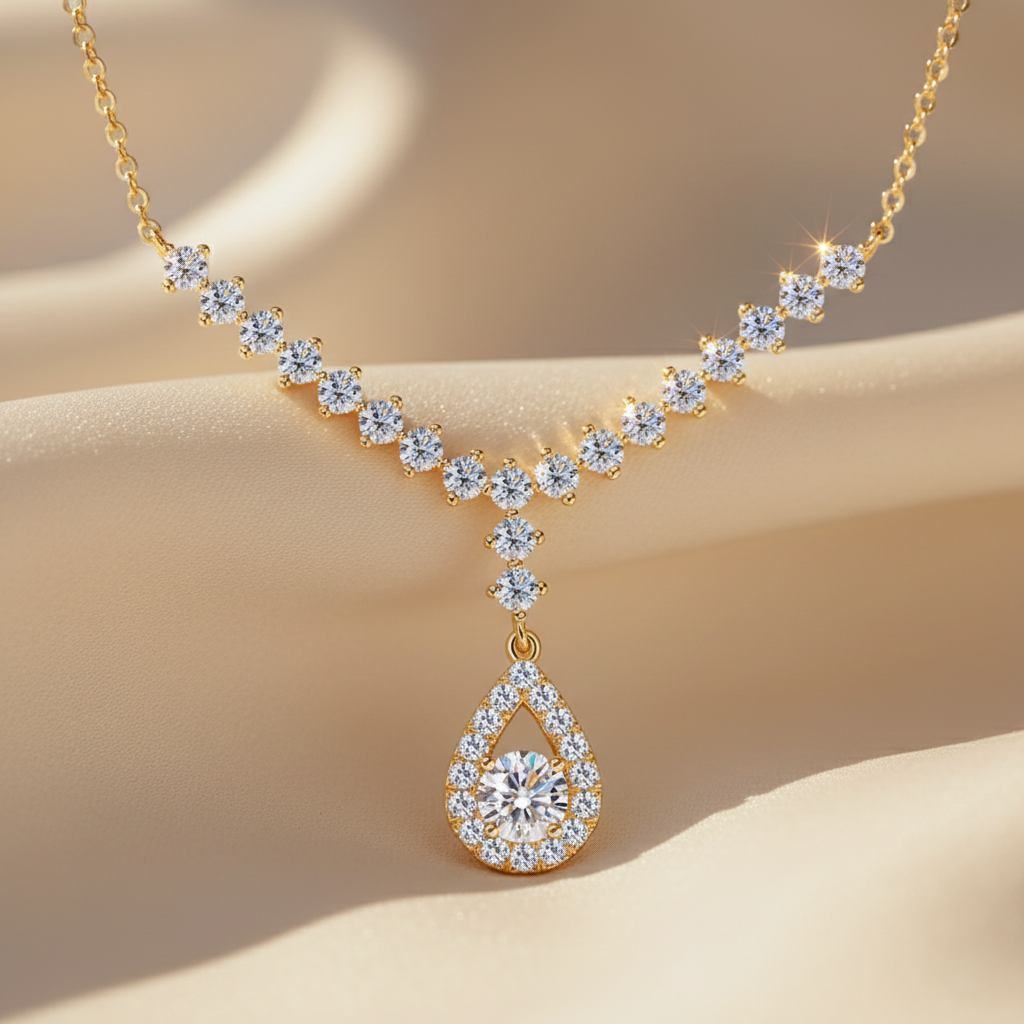 Starlit Cascade – 925 Sterling Silver Moissanite Waterdrop Necklace | Gold & White Gold Finishes