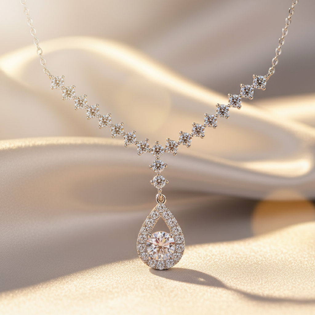 Starlit Cascade – 925 Sterling Silver Moissanite Waterdrop Necklace | Gold & White Gold Finishes