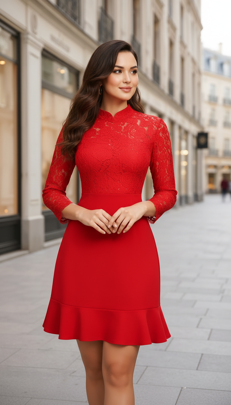 Timeless Romance in Red - Long Sleeve Midi Dress