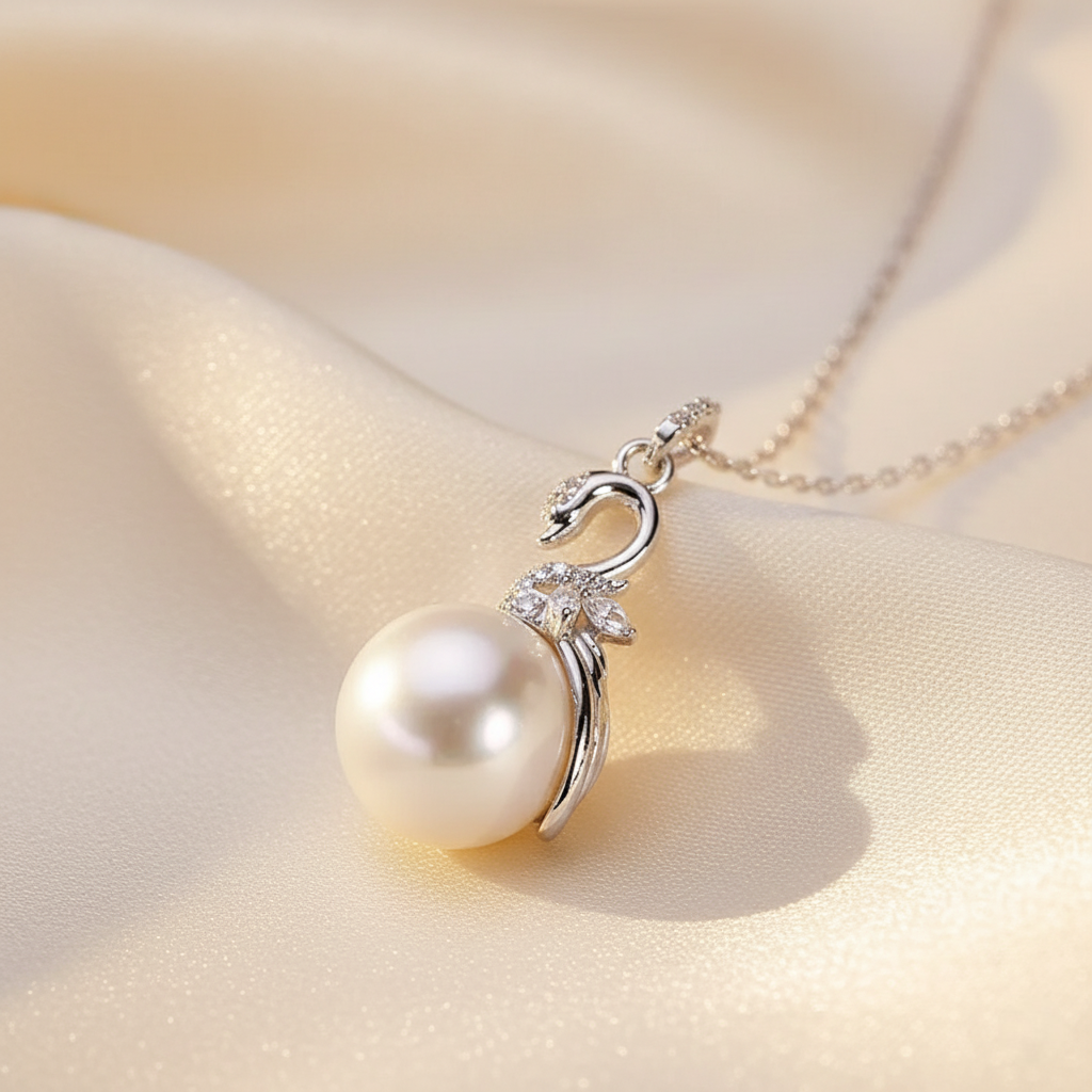The Swan Embrace – 925 Sterling Silver Pearl Necklace in  Gold & Platinum Finishes