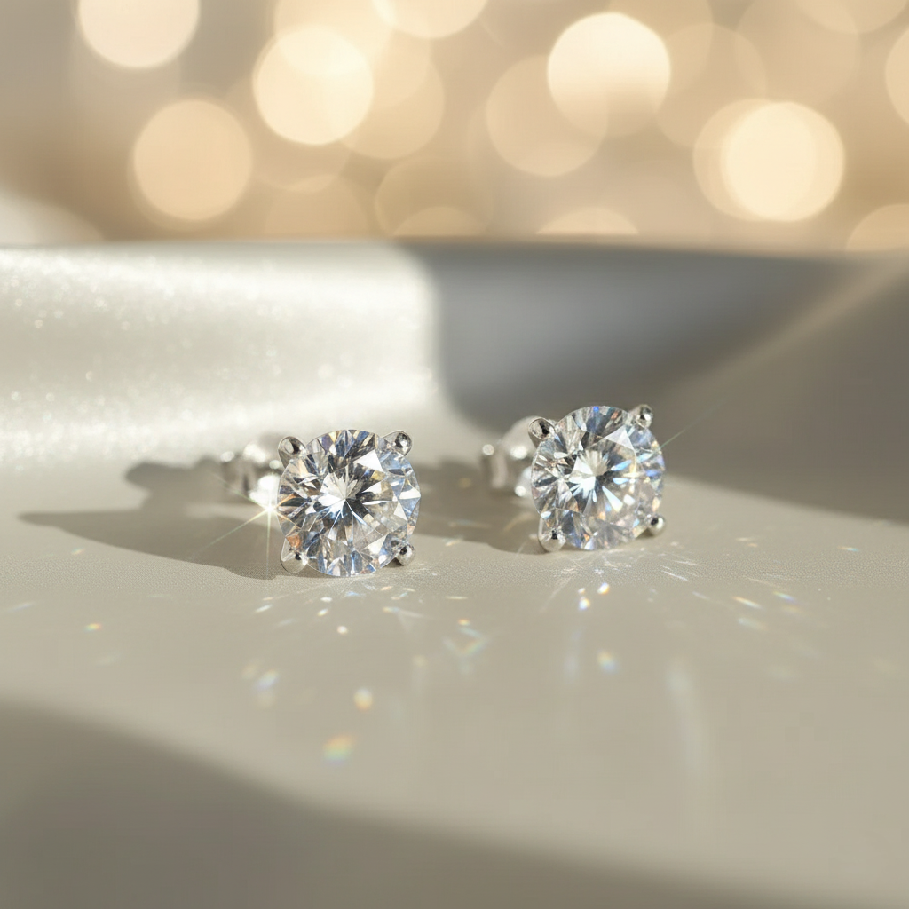 Luna Radiance – 925 Sterling Silver Moissanite Stud Earrings | Round-Claw Design in Gold & Platinum Finishes