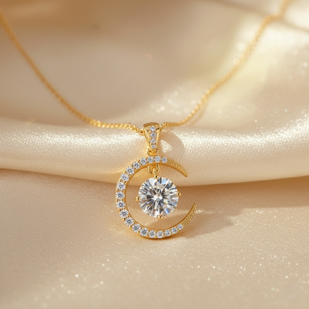 Lunar Radiance – 925 Sterling Silver Moon & Moissanite Necklace | Gold & Platinum Finishes
