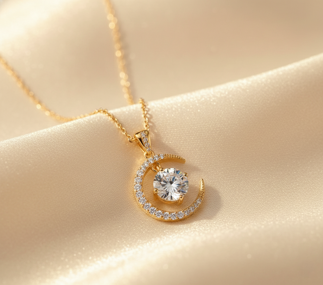 Lunar Radiance – 925 Sterling Silver Moon & Moissanite Necklace | Gold & Platinum Finishes