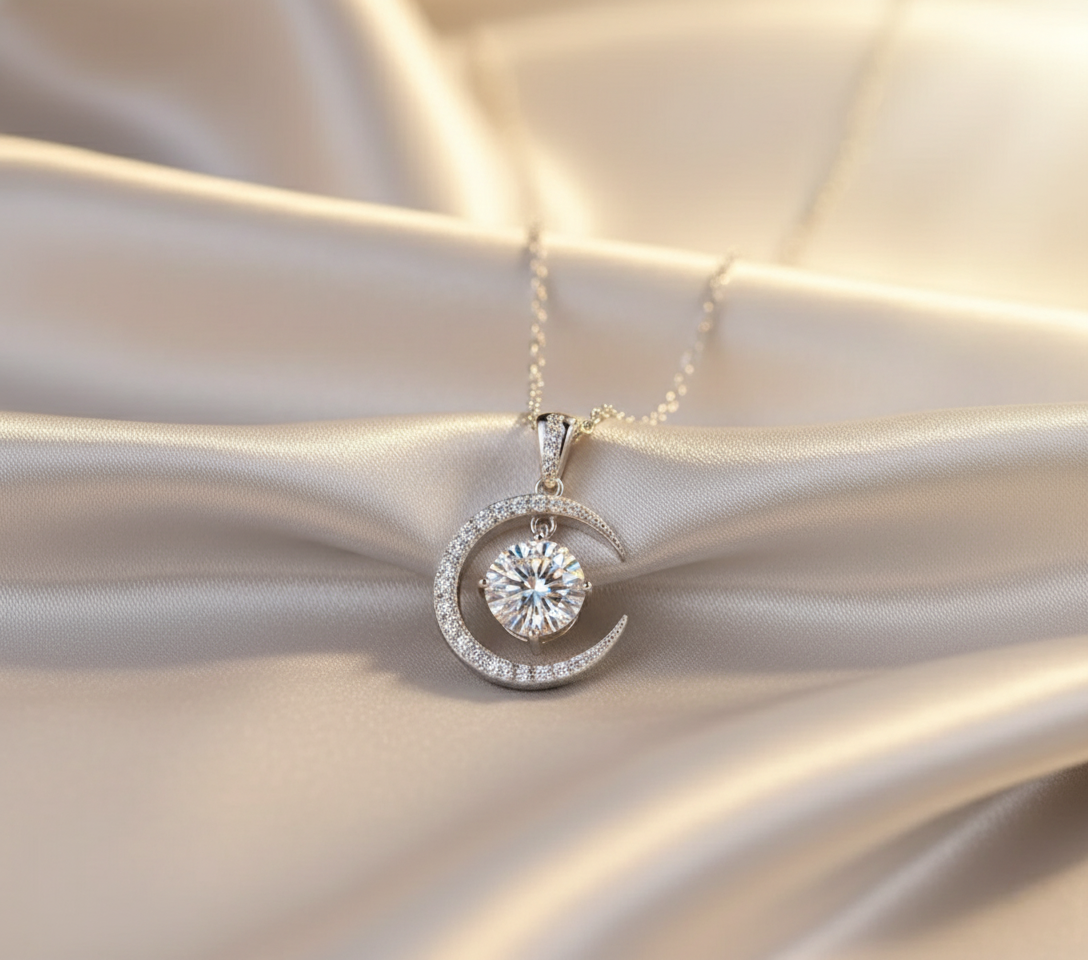 Lunar Radiance – 925 Sterling Silver Moon & Moissanite Necklace | Gold & Platinum Finishes
